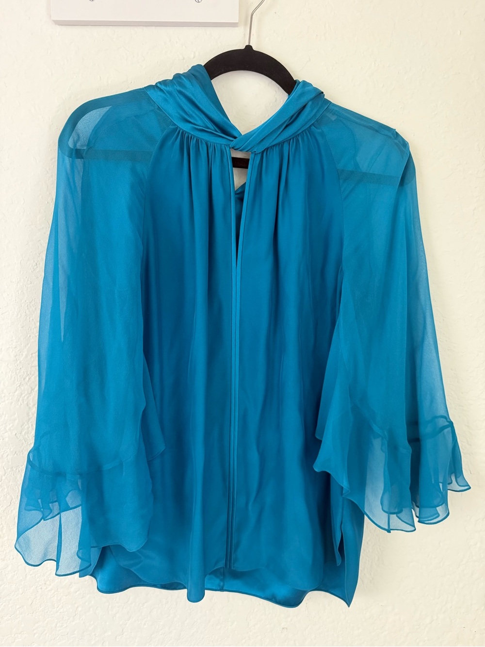 Elie Tahari Teal Silk Chiffon Ruffle Sleeve Mock Neck Blouse S